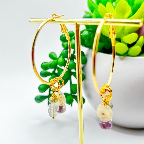 NWOT Genuine multi crystals and lava rock hoops 50mm stainless S 18K Gold Plated - Picture 7 of 9